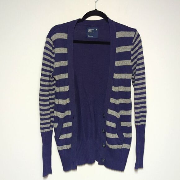 American Eagle Blue & Gray Striped Button Front Cardigan - Picture 1 of 6